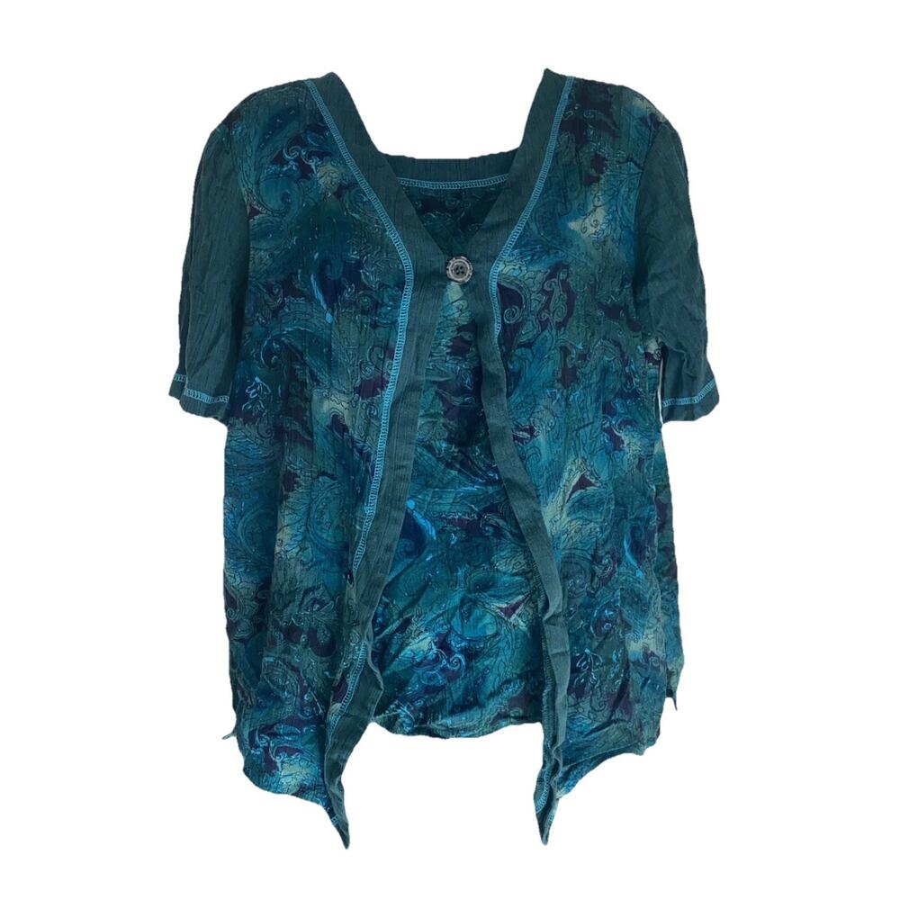 CM Shapes Women’s Medium Blouse Aqua Green Boho Crinkle Rayon Top Paisley Artsy